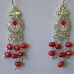 Earrings, Red Dancing Pearls, Swarovski Crystals