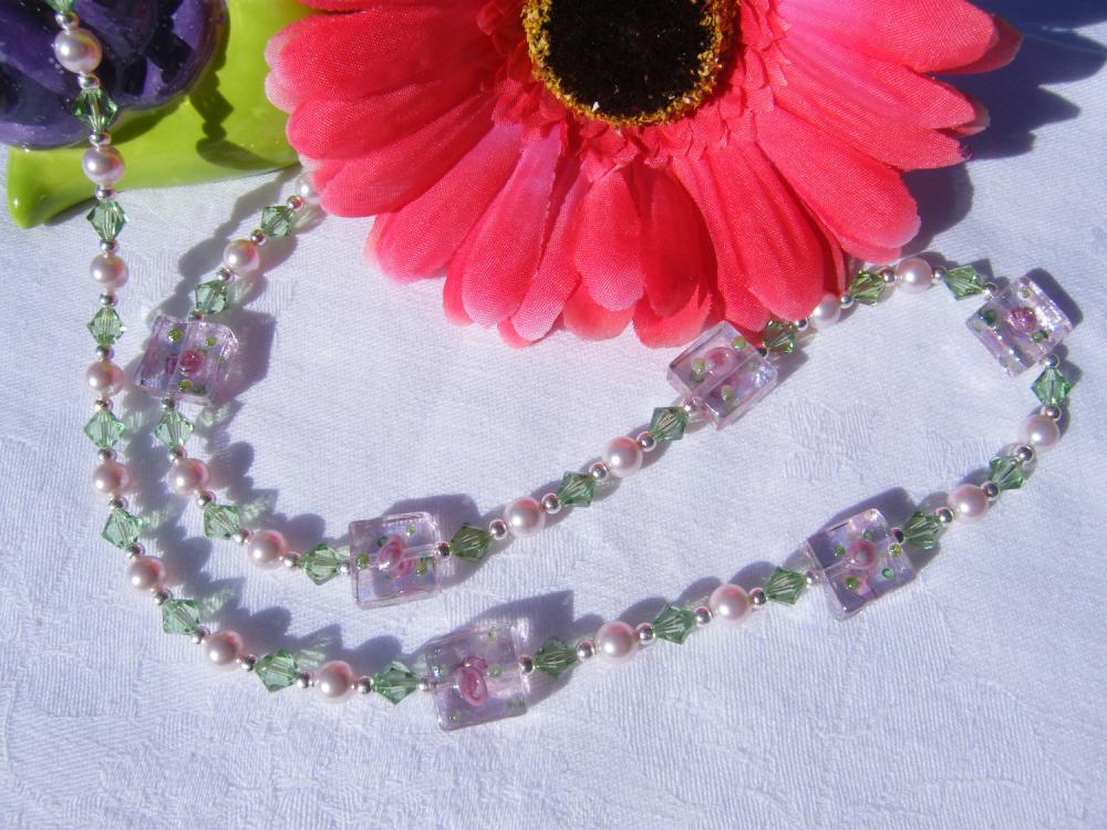 Pink Swarovski Pearl & Peridot Crystal Necklace With Pink Flower Lampwork Beads, 24-1/2" Length