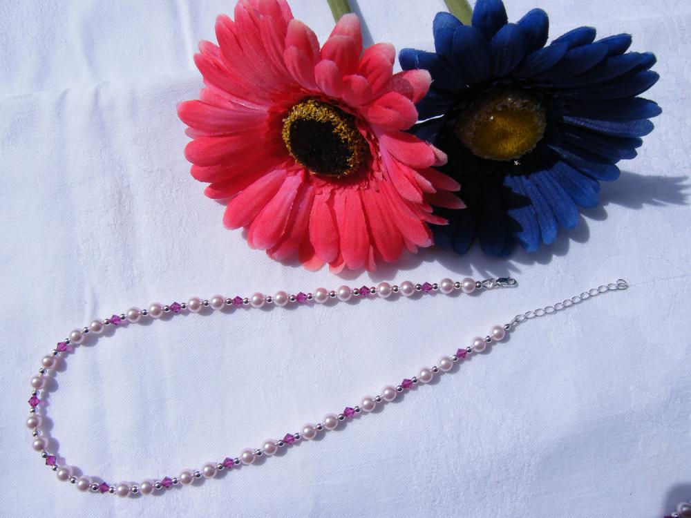 Pink Swarovski Pearl Necklace With Fushia Crystals, Adjustable Length