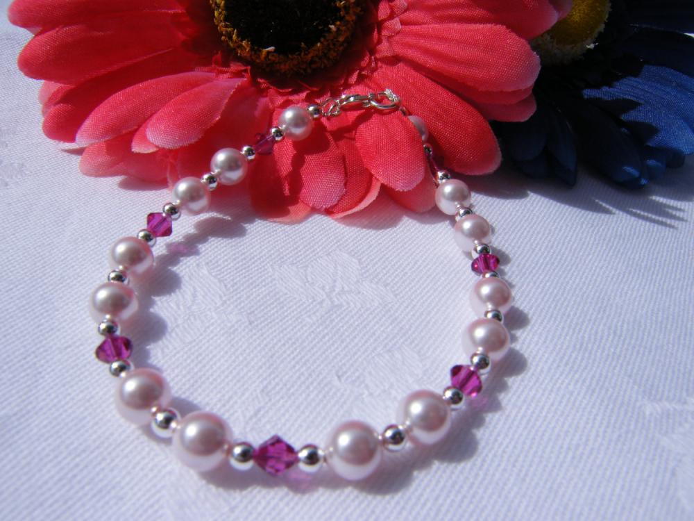 Pink Swarovski Pearl Bracelet With Fushia Crystals, 7-1/2" Length