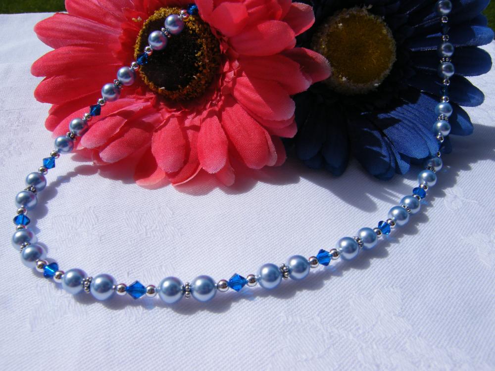Light Blue Swarovski Pearl Necklace With Capri Blue Crystals, Adjustable Length