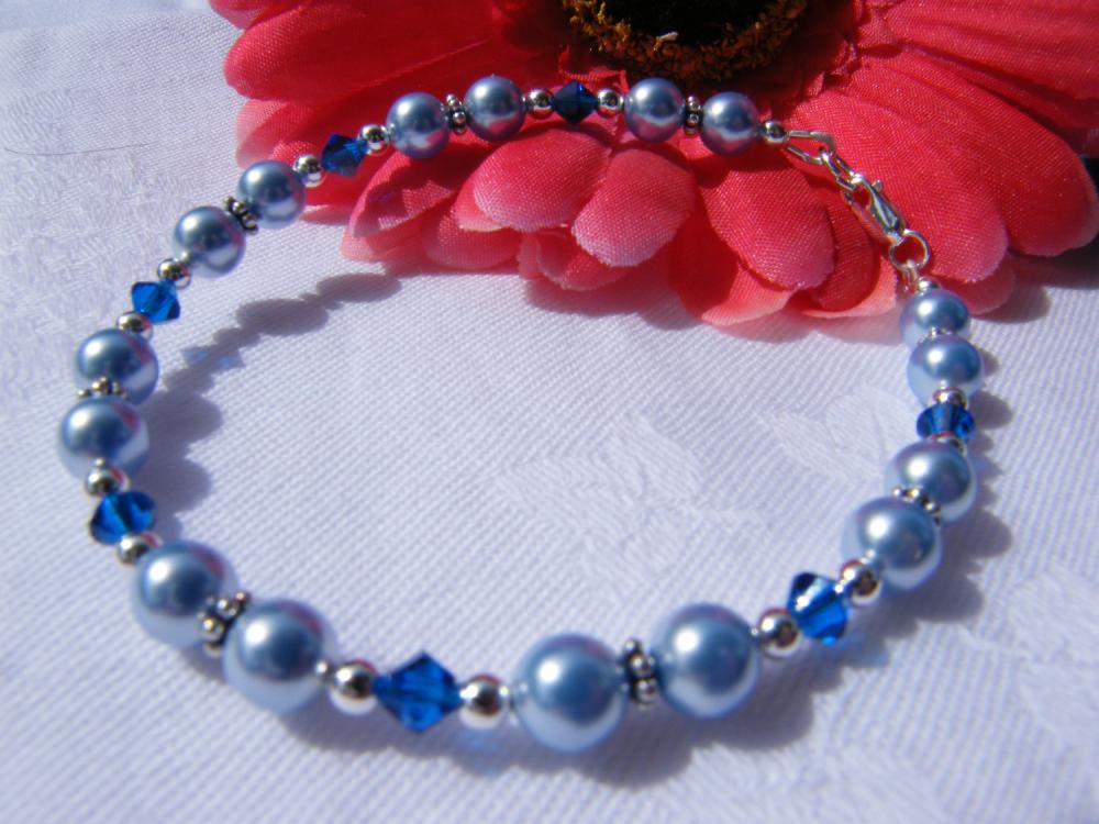 Light Blue Swarovski Pearl Bracelet With Capri Blue Crystals, 7-3/4" Length