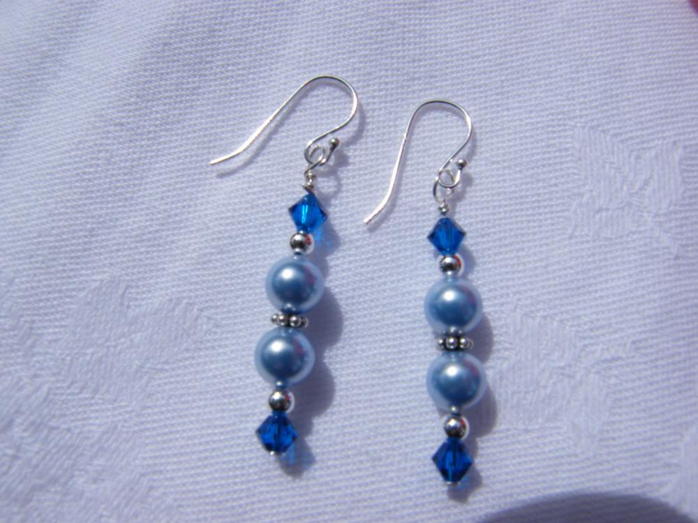 Light Blue Swarovski Pearl Earrings With Capri Blue Crystals