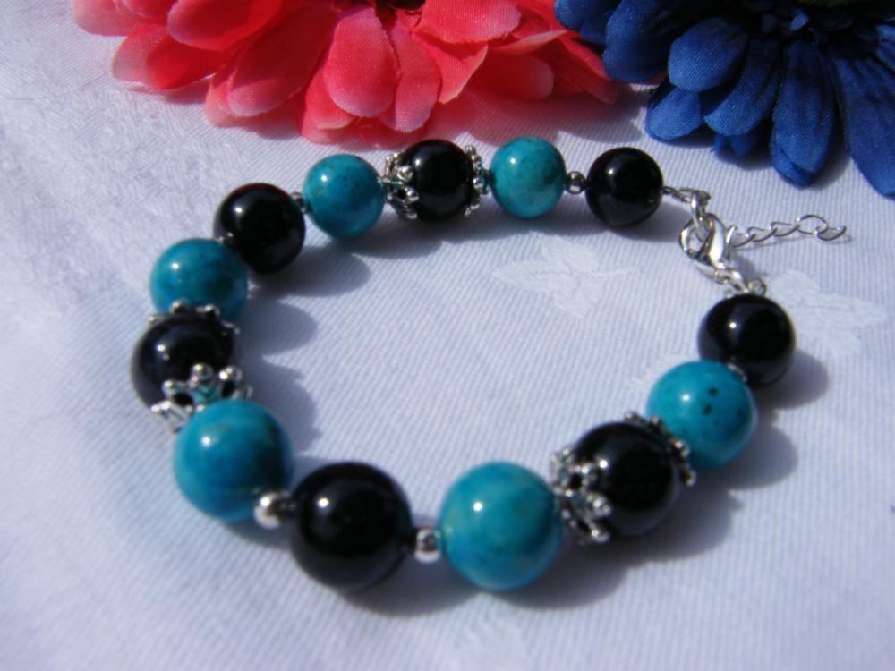 Turquoise & Black Riverstone Bracelet, Adjustable Length