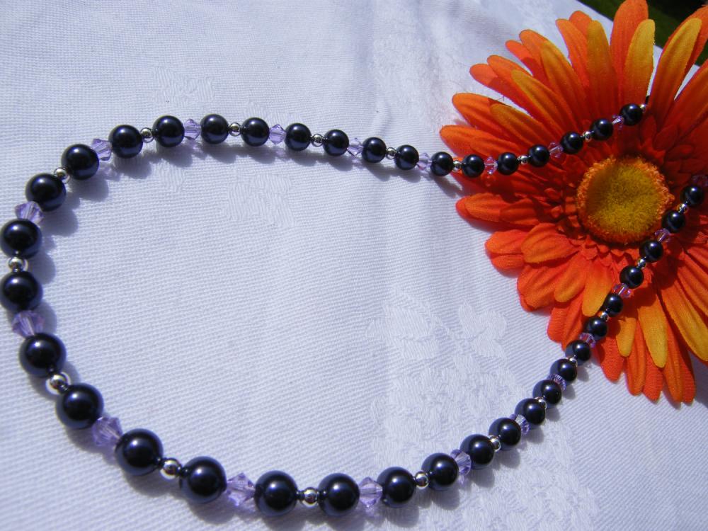 Deep Purple Swarovski Pearl Necklace With Violet Crystals, 18" Length