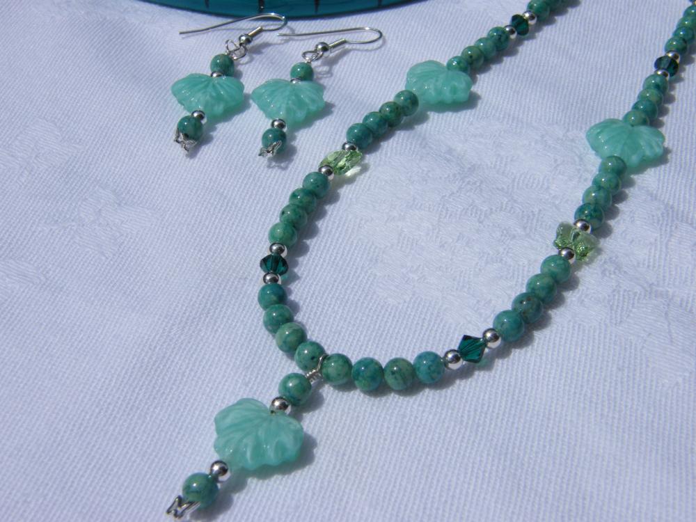 Necklace & Earrings Set, Green Riverstone, Swarovski Crystals, Glass Leaves