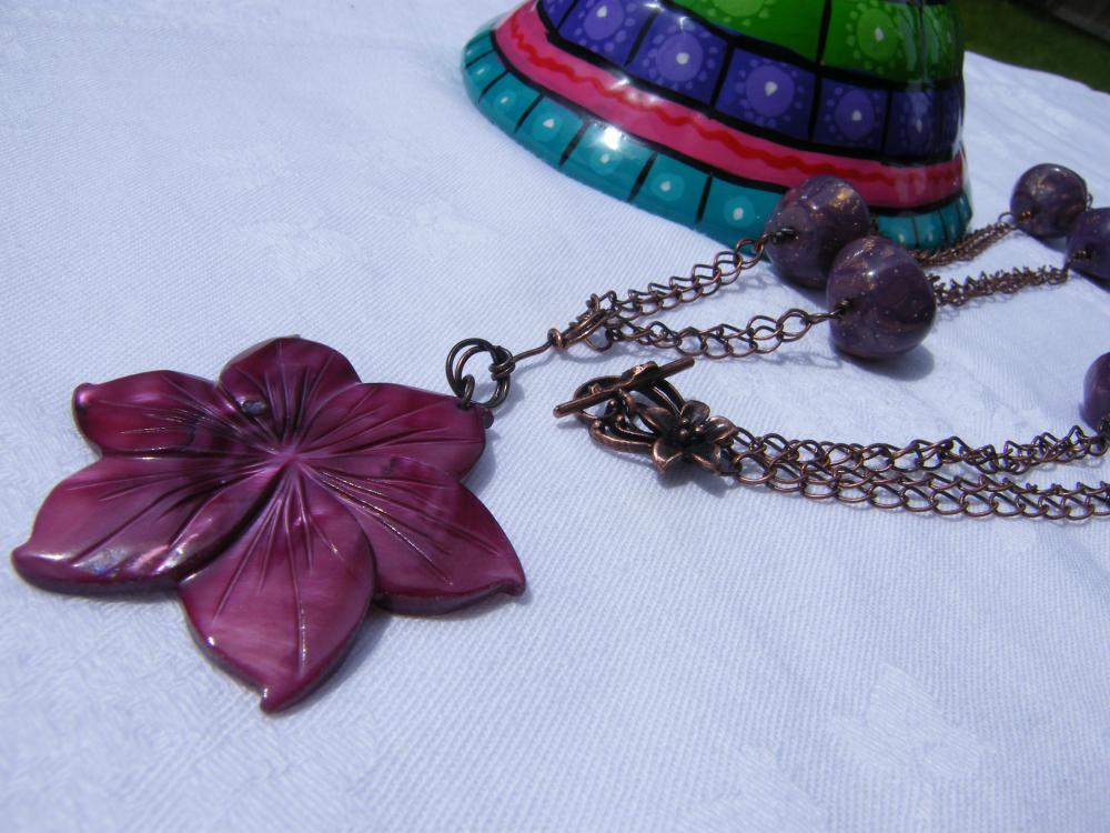 Necklace, Purple Lucite Beads On Antique Copper Curb Chain With Mother Of Pearl Pendant