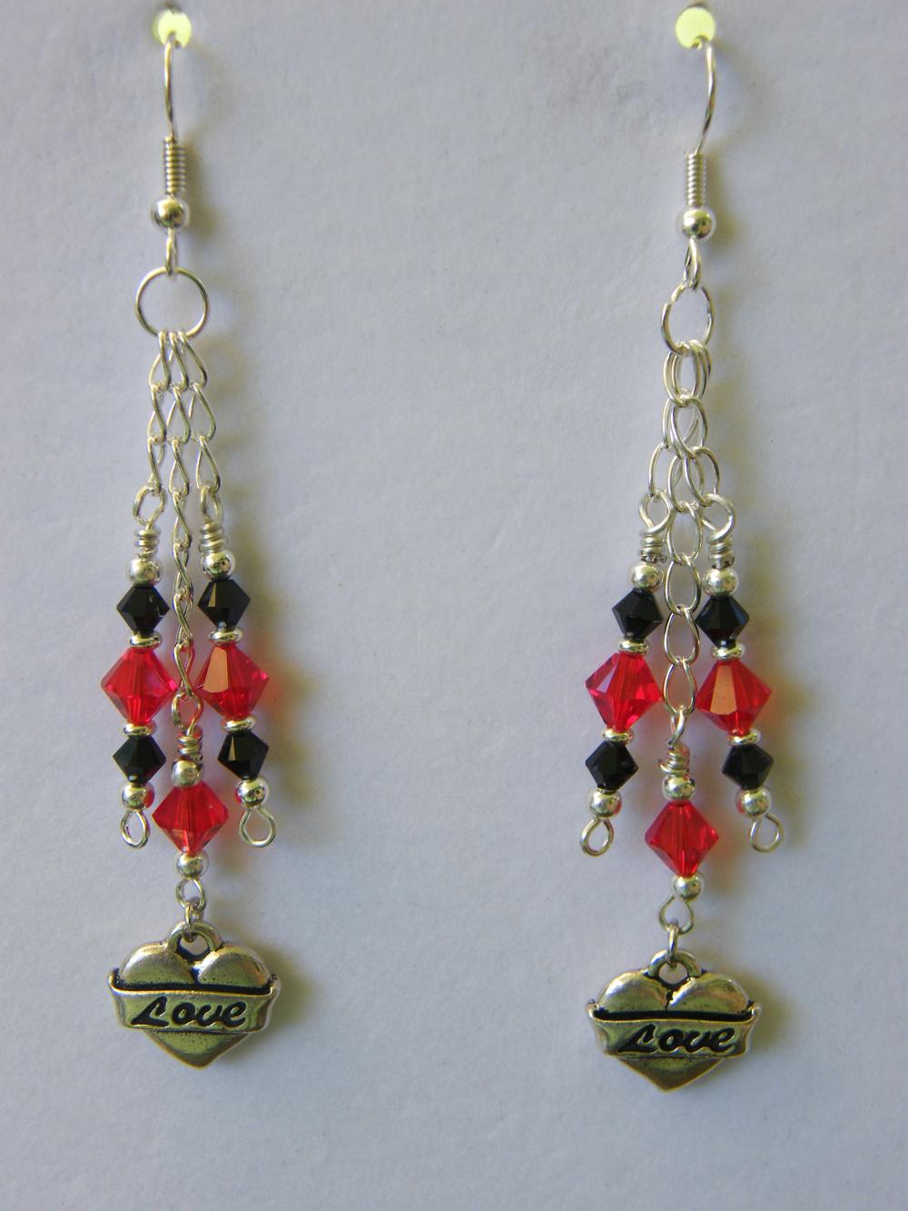 Earrings, Red & Black Swarovski Crystals With Love Charm