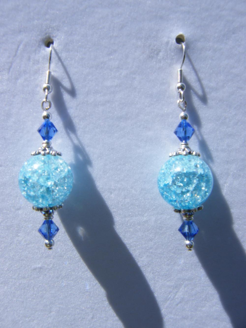 Earrings, Blue Cracked Glass, Swarovski Crystal