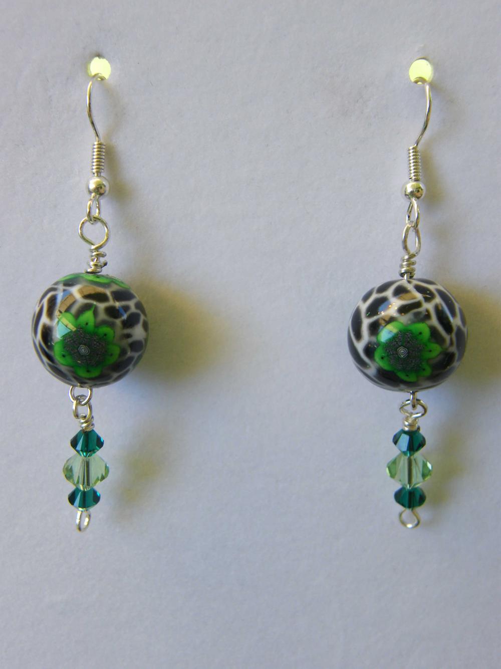 Earrings, Snow Leopard Polymer Clay, Green Crystals