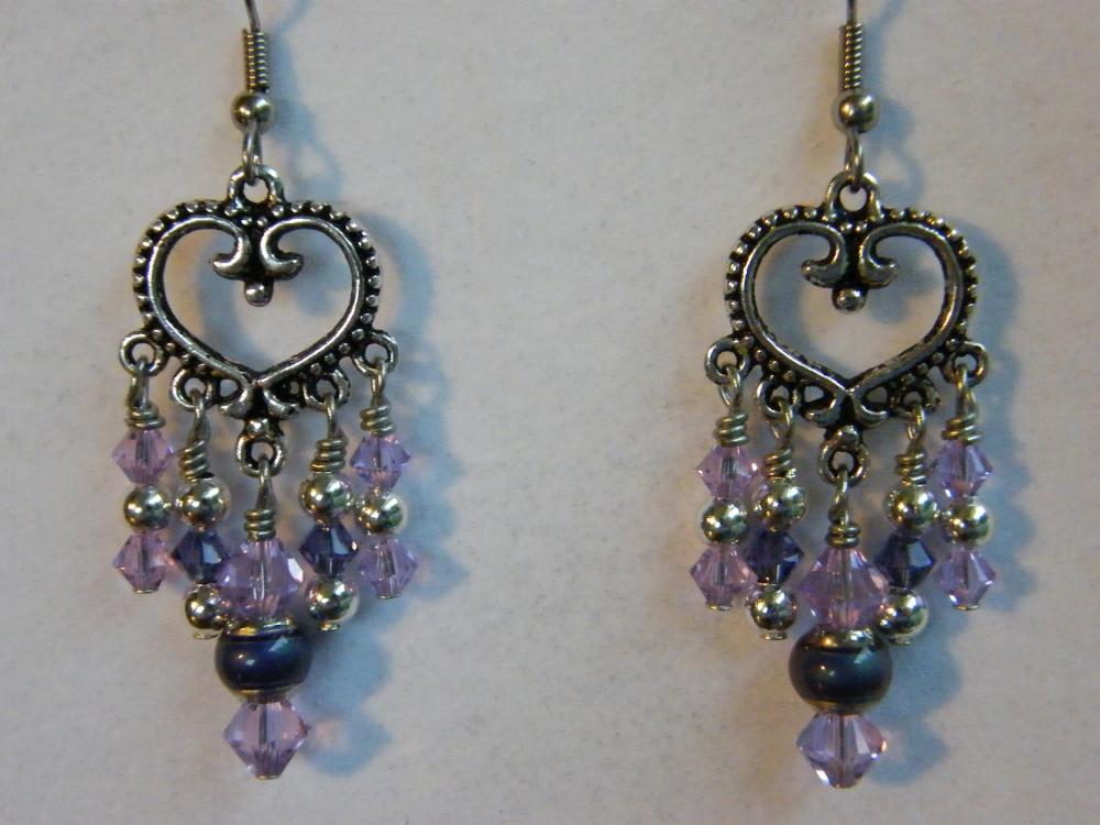 Earrings, Dangle Heart, Swarovski Crystals, Mood Beads